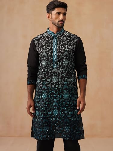 Image of Jompers Men's Silk Blend Embroidered Kurtas (Peacock, L)