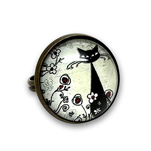 So Sweet - Bague fantaisie, cabochon en verre, vintage, rétro, originale, réglable et ajustable parure « Le chat parmi les fleurs », noir, rouge, beige (ref.33)