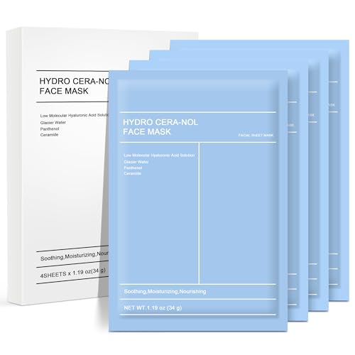 HYDRO CERA-NOL Face Mask, Real Deep Hyaluronic Acid Hydrating Sheet Masks, Nourishing, Brightening and Smoothing Skin, Natural Pamper Face Mask Treatment Moisturising Skincare Gift Set, 34g x 4ea