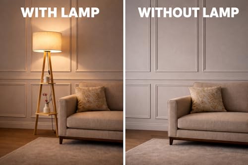 Image of Tripod Floor Lamp with Shelves, Wooden Stand, Linen Shade, Living Room Decor