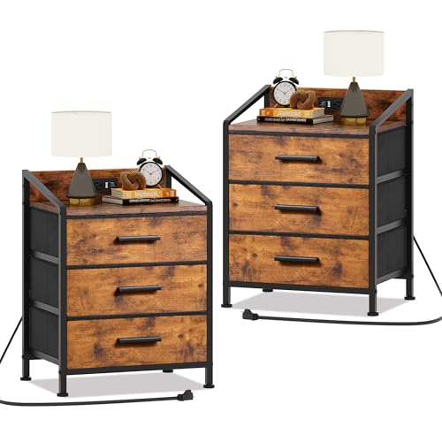 EKNKOZY Nightstand 3 Drawer Dresser with Charging Station, 11" D x 15.6" W x 21" H, Set of 2 Side Table with Fabric Drawers, Small Dresser for Kids Closet Bedroom (Rustic Brown, Set of 2 with Charger)
