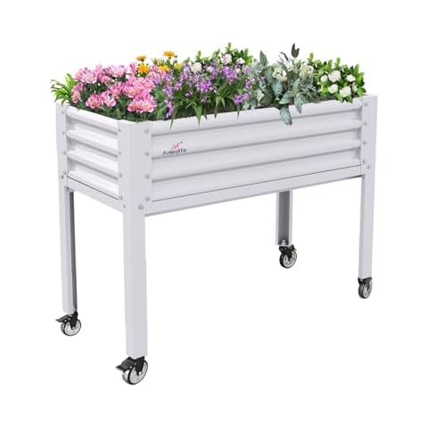 A ANLEOLIFE Galvanized Raised Garden Bed with Legs,48x24x35in Large Elevated Planter Box on Wheels with Drainage Holes for Backyard, Balcony, Patio, 600lb Capacity, Antique White Cover