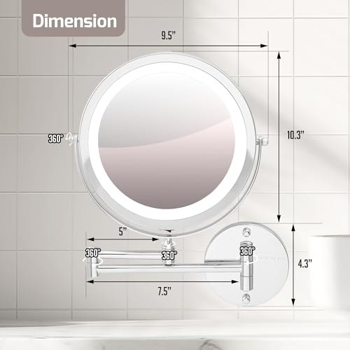 Image of OVENTE 9 inch Wall Mounted Lighted Makeup Mirror, Polished Chrome MFW85CH1X10X | Cordless Double Sided 1X /10X Magnifying Mirror for Bathroom with LED Lights, 360 Rotation, Extendable Arm, Battery Operated