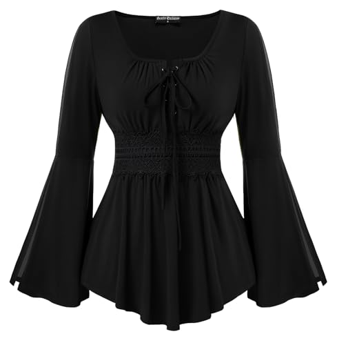 Renaissance Tops Bell Flared Sleeve Blouses Pirate Costume Women Plus Size Black 2XL