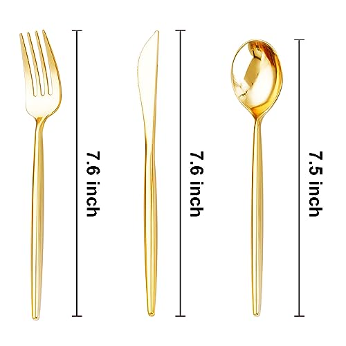 SUT 300 Pcs Gold Plastic Cutlery, Gold Utensils Disposable, Gold Plastic Silverware Set Include 100 Gold Plastic Forks, 100 Gold Plastic Spoons, 100 Gold Plastic Knives Heavy Duty Flatware for Party - Thumbnail 3
