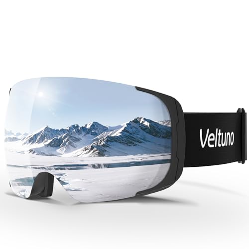 Veltuno Ski Goggles for Men Women Adult & Youth, OTG Snowboard Goggles Anti Fog, Snow Goggles UV Protection Wide Vision (Black Frame/Revo Silver Lens (vlt 10.2%))