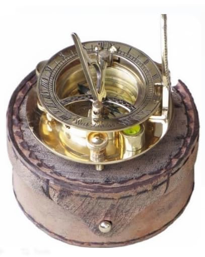 Brújula vintage de latón con reloj de sol y estuche de cuero Instrumento náutico clásico de navegación miniatura 1