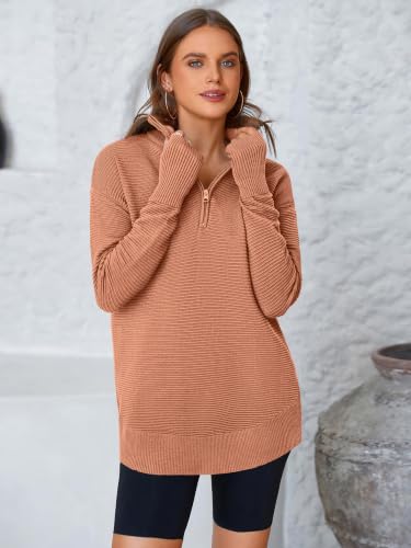 Image of PRETTYGARDEN Womens Long Sleeve Quarter Zip Pullover Sweater | Casual Loose V Neck Sweaters with Thumb Hole, Collared Ribbed Knit Jumper Tops, Oversized Tunic Tops, Fall Outfits 2026