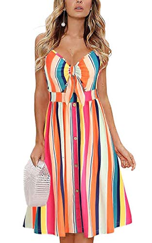 Image of ECOWISH Women 2026 Summer Dresses Tie Front V-Neck Spaghetti Strap Button Down A-Line Backless Swing Midi Dress