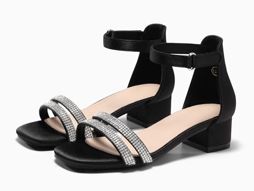 Image of Coutgo Girls Dress Shoes Sandals Chunky Low Heels Rhinestone Strap Flower Girl Wedding Party Shoes