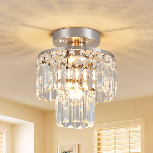 XPEHK Crystal Ceiling Chandelier,Mini Chandelier Light Fixture with K9 Crystals,Brushed Nickel Finish for Living Room Entryway Bedroom Laundry Room,1-Light E26 Base