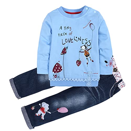 Conjuntos de Ropa Niña Otoño Invierno Anime Moderna, 1-5 años Bebe Camisetas Estampados de Dibujo Animados y Pantalones Vaqueros (3-4 años, Azul) Cover