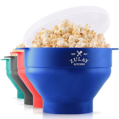 Zulay Kitchen Large Microwave Popcorn Maker - BPA Free Silicone Popcorn Popper Microwave Collapsible Bowl With Lid - Family Size Microwave Popcorn Bowl - Various Colors Available (Blue)