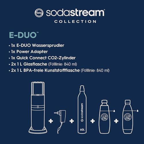SodaStream elektrischer Wassersprudler E-DUO mit Quick-Connect CO2-Zylinder| inkl. 1x 1L Glasflasche und 2x 1L FUSE Kunststoffflasche (spülmaschinengeeignet) | Farbe: Titan