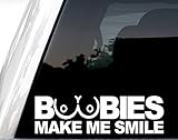 Boobies Make Me Smile Vinyl Decal Car Sticker, H 2.5 by L 8.5 Inches, Funny Bumper Stickers, Show Me Your Kitties, Nice Puppies, Boobs Proof That Men Can Focus On Two Things at Once (White)