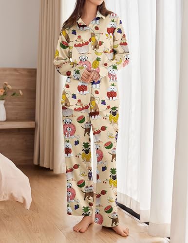 Ekouaer Womens Satin Silky Pajama Set 2 Piece Print PJs Soft Loungewear Button Down Sleepwear with Elastic Waist Long Pants