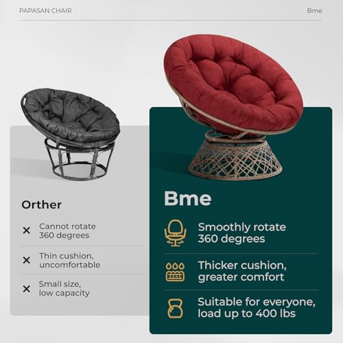 Image of Bme Ergonomic Wicker Papasan Chair with Soft Thick Density Fabric Cushion, High Capacity Steel Frame, 360 Degree Swivel for Living, Bedroom, Reading Room, Lounge, Cherry Sangria - Brown Base