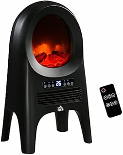 HOMCOM Ceramic Electric Space Heater, Freestanding Fan Heater with Realistic Flame Effect, 3 Heat Settings, Adjustable Temperature, 1000W/2000W, Black