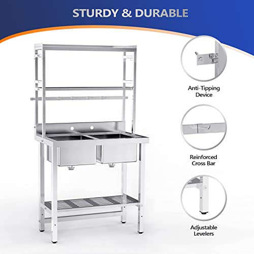 Image of VINGLI 67 inch 2-Compartment Commercial Sink with Shelves Over & Drying Rack Underneath, 304 Stainless Steel Sink Double Basin with Drain for Restaurant, Freestanding Utility Sink for Laundry Room, Garage