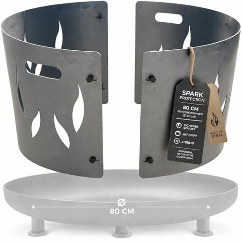 Funkenschutz für Feuerschale 80 cm 2-teilig aus unbehandeltem Stahl entwickelt Rostpatina sicherer Funkenschutz mit Griff für Garten & Terrasse passend für Ø 80 cm Feuerschalen