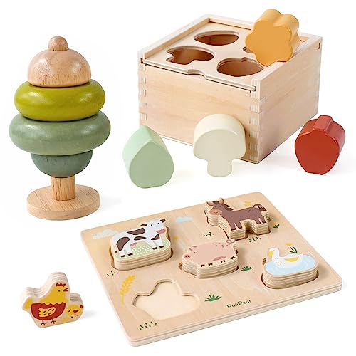 Image of PairPear 3-in-1 Montessori Wooden Toy Set, Shape Sorter Cube, Stacking Tree & Farm Animal Puzzle, Natural Learning Toys for Toddlers 12M+