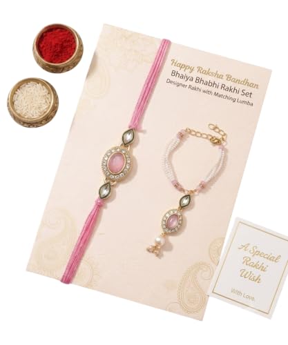 Image of Rakhi for Brother and Bhabhi Set of 2, Designer Rakhis for Rakshabandhan, Bhaiya Bhabhi Rakhi Set for Rang Panchami, Best Wishes Greeting Card and Tillak Set, Premium Thread Raki for Him