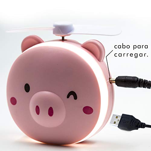 Mini Espelho Portátil com Ventilador e Luz - Pig Porquinho Rosa