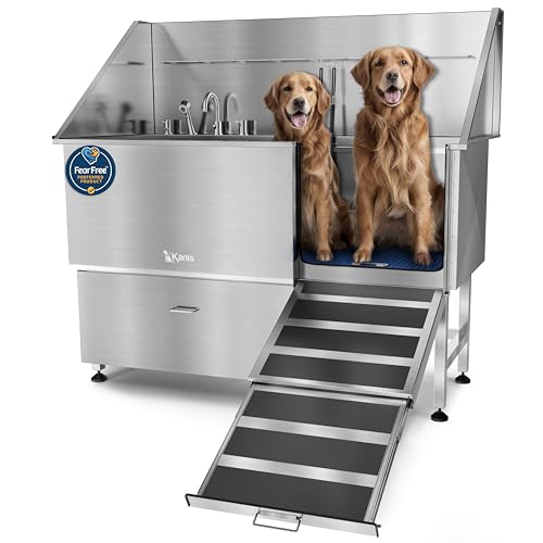 Image of KANIS Professional Dog Washing Station 304 Stainless Steel Pet Wash Sink & Grooming Bathtub w /Shower, Floor Grates and Storage for Large, Medium & Small Pets (Silver, 61 Inches, Right Ramp, 1 Drawer)