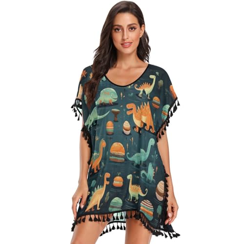 KAAVIYO Cartoon Colorful Dinosaurs Women's Beach Cover Up Chiffon Tassel Swimwear Swimsuit Coverups for Girl