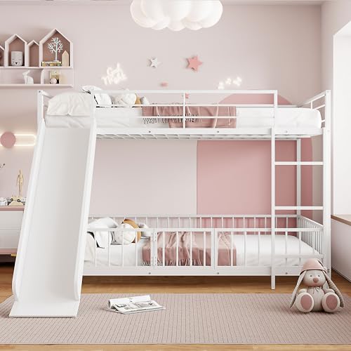 Image of Bellemave Full Over Full Bunk Bed with Slide and Ladder, Metal Low Bunk Bed for Kids, Girls, Boys, Removable Fence, with Door, White