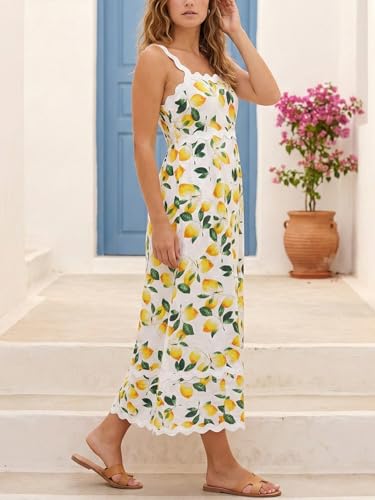 Image of Women's Classy Sleeveless Lemon Print Maxi RIC Rac Dress