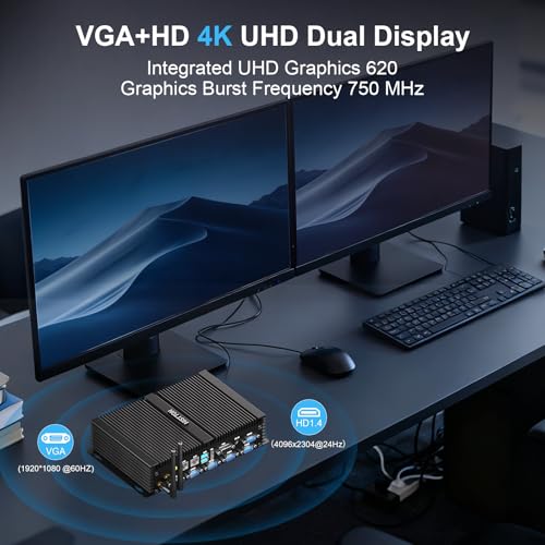 Image of HISTTON Fanless Mini PC Industrial Core i7-8550U,8GB DDR4 RAM 256GB mSATA SSD,6X RS232 COM,2X 2.5G LAN,4K Dual Display (HD+VGA),WiFi5, BT4.2,USB3.0,Mini PC Wind 11 Pro