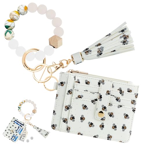 Image of KNGITRYI Wristlet Wallet for Women,RFID Keychain Wallet with Beaded Strap | 8 Card Slots,ID Window,Zipper Pocket,Leather Tassel,Compact Design