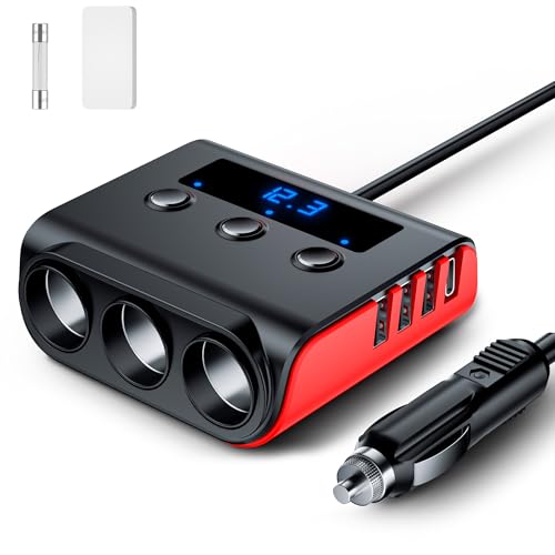 7 in 1 Cigarette Lighter Adapter SONRU 180W [PD/ QC3.0/Dual USB-A] Car Charger Splitter 12V/24V Multi Sockets Fast Charging for Phone/GPS/Dash Cam Independent Power Switches & LED Voltage Display