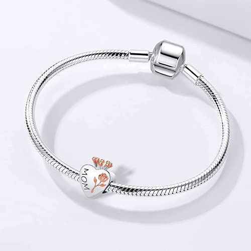 Image of Flower Mom Charm Rose Gold Crown I Love You Forever Mother Heart Charms for Pandora Bracelet & Necklace