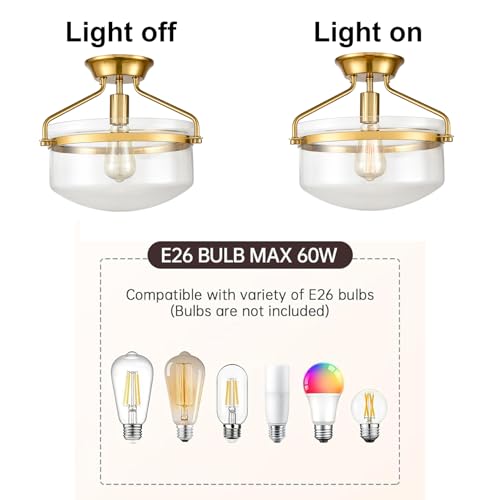 Image of Modern Gold Semi Flush Mount Ceiling Light with 13.4 inchW Dome Glass Shade