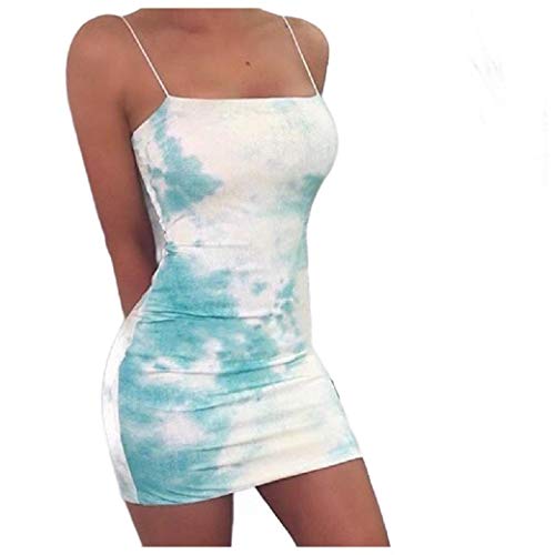Abetteric Vestido curto feminino sem mangas casual com estampa tie dye slim fit, Light Blue, Medium