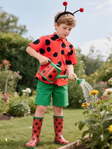 Image of COSLAND Boys Ladybug Hawaiian Shirt Kids Animal Print Insect Button Down Shirt, Red, Large