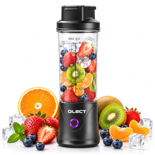 Image of QLECT Portable Juicer Blender 400ML, 22 Stainless Steel Blades, 3000mAh Battery, 7.4V Motor, USB Type-C Rechargeable Smoothie Maker for Fruits, Protein Shakes & Travel(Black)