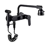 Grifo de Cocina de Pared Negro, Latón Multifunción Doble Orificio Agua Fría y Caliente con Pistola Giratorio 360° Grifo Cocina-35Cm