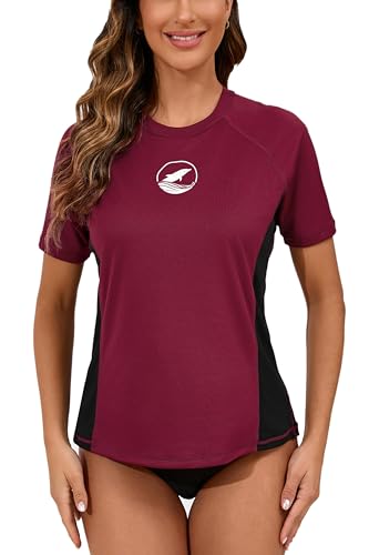 Halcurt Camiseta de natación de Manga Corta para Mujer, Brasier Integrado, UPF 50+, Sujetador Integrado y Negro Burdeos, XL