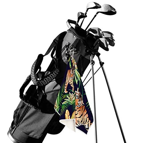 Animal Tiger Tropical Leaves Golf Towel, Tiger Floral Golf Towels For Golf Bags With Clip 15" X 24" Microfiber Towel Funny Golf Gift For Men Women #TOP1