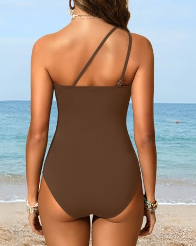 Image of Womens One Shoulder One Piece Swimsuit Mesh Ruched Tummy Control Swimwear | Full Coverage Bottom, Adjustable Strap Custom Fit, Removable Cups, Cutout Mesh Inserts, Slimming Ruched Effect, Vacation