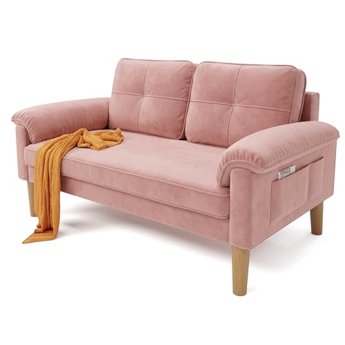 Xbro Sofa 2 Sitzer, Kleine Couch 2 Sitzer mit Armlehne und Seitentasche, Modernes Stoffcouch für Wohnzimmer,Wohnung,Büro,Einfache Montage, 144 x 77 x 77 cm, Rosa