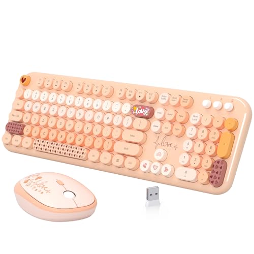 Image of Wireless Keyboard Mouse Combo, Keyboard and Mouse Set,104 Round Keys Colorful Wireless Typewriter for MacBook Windows Laptop Tablet Coffee