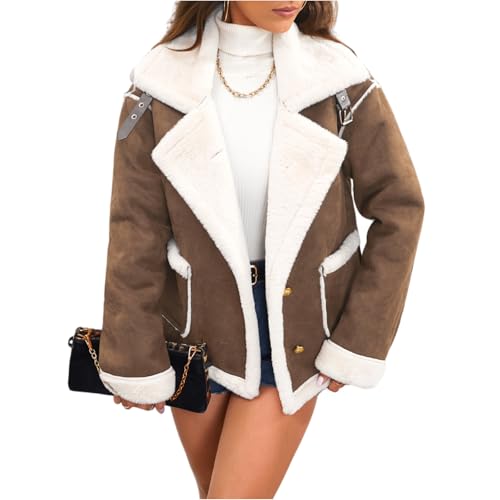 Veste en Daim Femme Couleur Pure - Blouson Aviateur Femme Fermeture Éclair Revers Blousons sans Capuche Jacket Mode Voyage Ample Café M