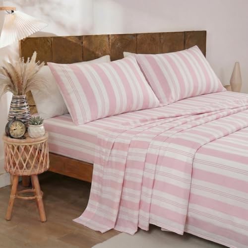Image of Merryword 100% Cotton Sheet Set King Size - Pink Striped Bedding, Soft Breathable Percale Weave, Deep Pocket Fitted Sheet 17.5 inch, Luxury & Silky Soft Sheet Set for All Seasons
