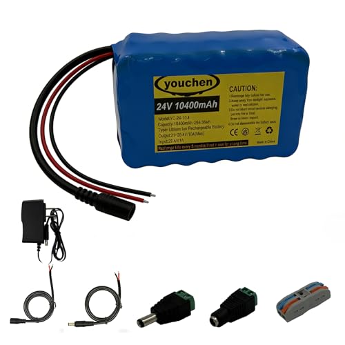 youchen 24V 10400mAh Rechargeable Lithium ion Battery Pack with Charger,Rechargeable Li-ion Battery with Bare Wire & DC Plug for DIY Projects