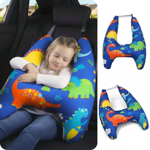Image of eaonitu Travel Pillow Car Cushion for Kids 6 Years Old+ Shoulder Neck Back Support & Seat Belt Comfort, Road Trip Cozy Sleeping Gift for Young Travelers, Parents, Families, Baby Shower (Dinosaur Blue)