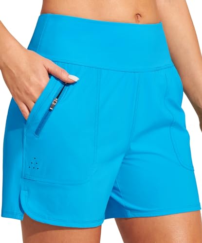 Image of Heathyoga 5 inch Swim Board Shorts Women Stretchy High Waisted Bathing Suits Bottoms Quick Dry UPF 50+ Beach Shorts with Liner